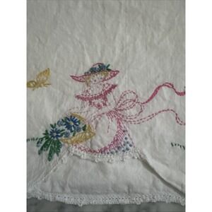 VTG Hand Embroidered Girl Pink Floral Standard Size Pillow cases set 2 SZ 28X20
